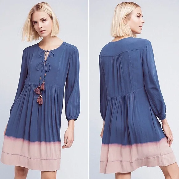 Holding Horses Anthropologie Blue Pink Dip Dye Ombré Tassel Peasant Dress - Picture 1 of 13
